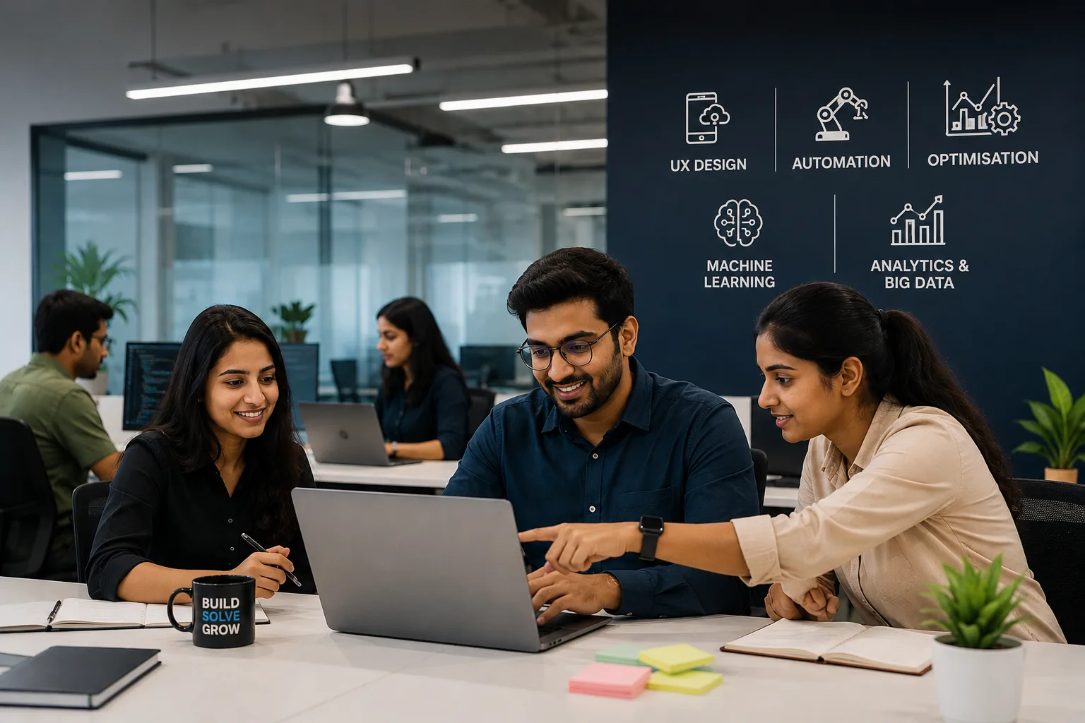 Team collaborating on UX, automation, machine learning, and analytics work