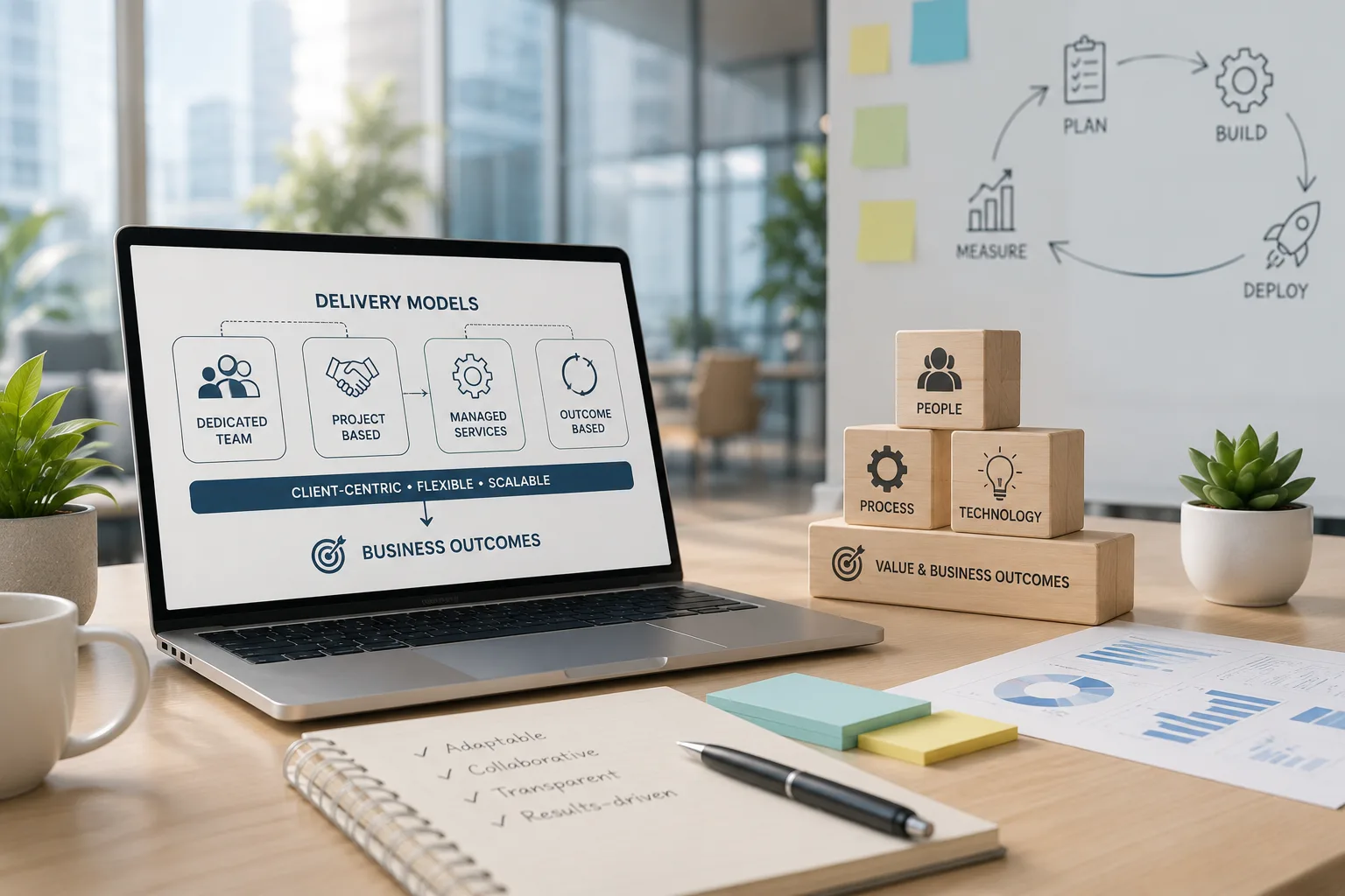 Delivery models on a desk: dedicated team, project based, managed services, and outcome based